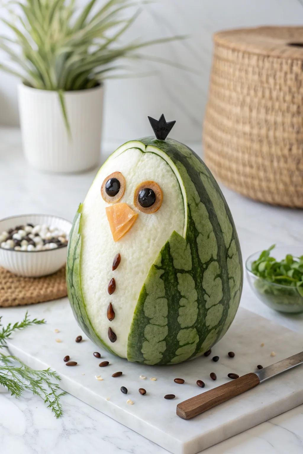 Enchanting Tropical Delight: A charming penguin carving to wow your guests!