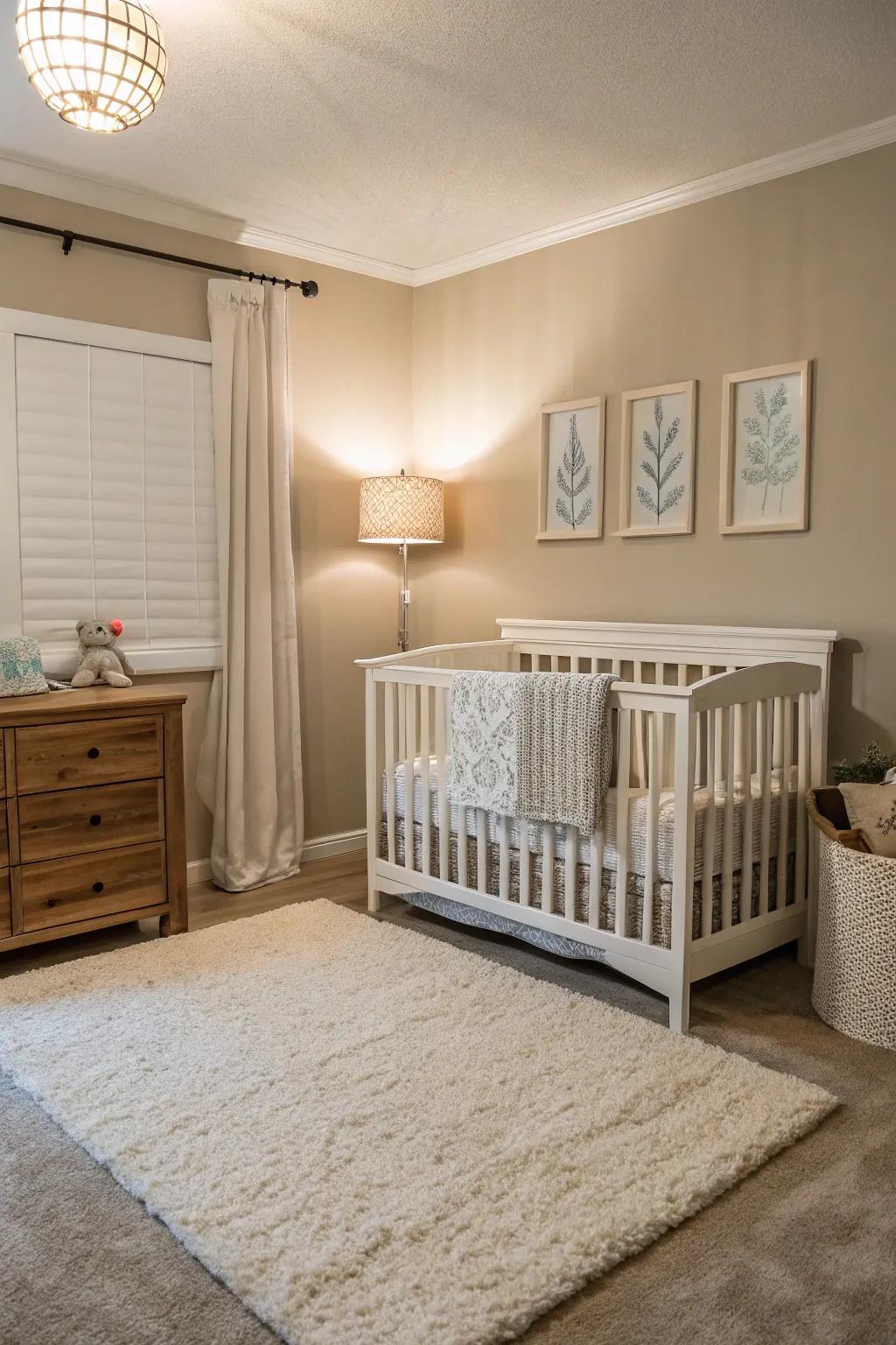 A centrally positioned bassinet establishes a balanced and engaging visual point in the nursery.