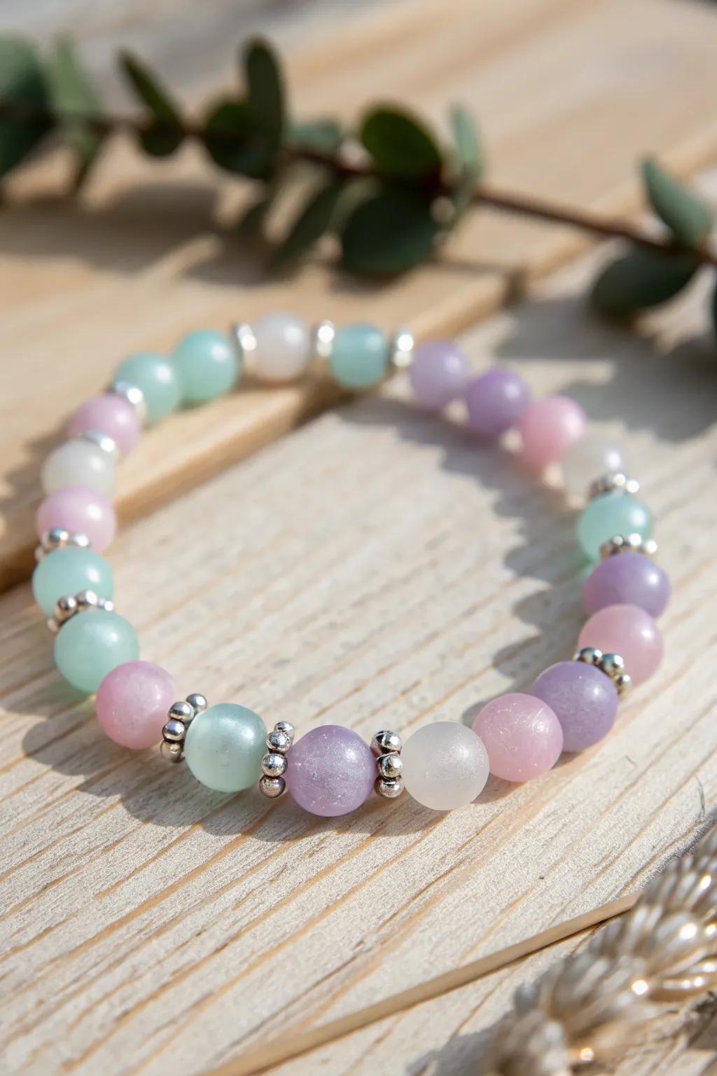 Step into a realm of serene beauty with this exquisite frosted pastel glass bead bracelet.