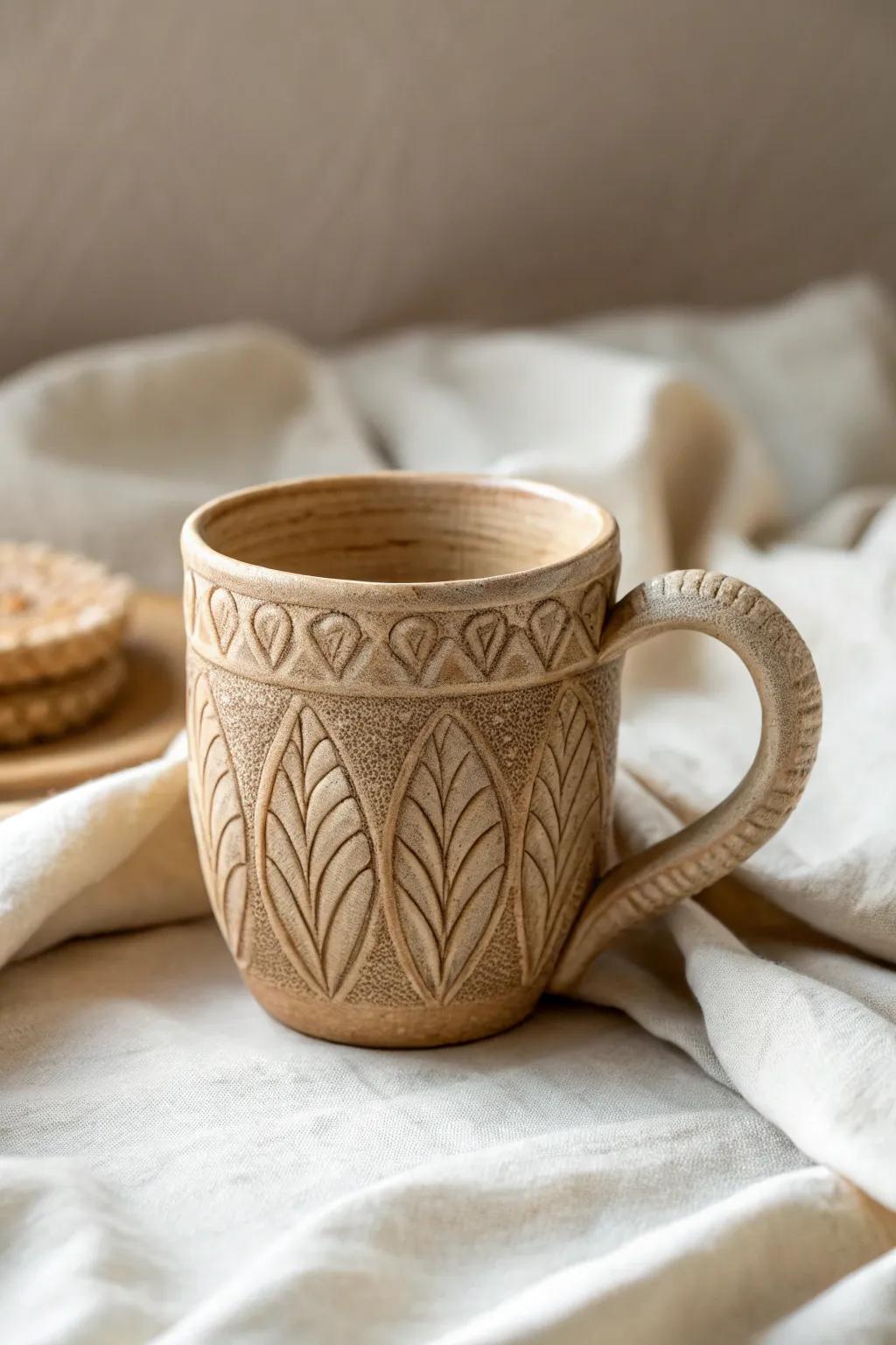Appreciate the charm of textures with this handcrafted mug, where ease meets artistic appeal.