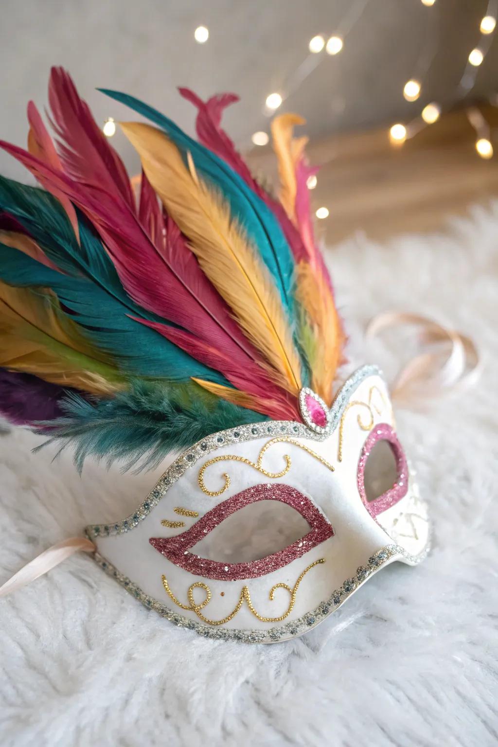 Whimsical Elegance: Immerse yourself in festival enchantment with a uniquely crafted feathered mask.