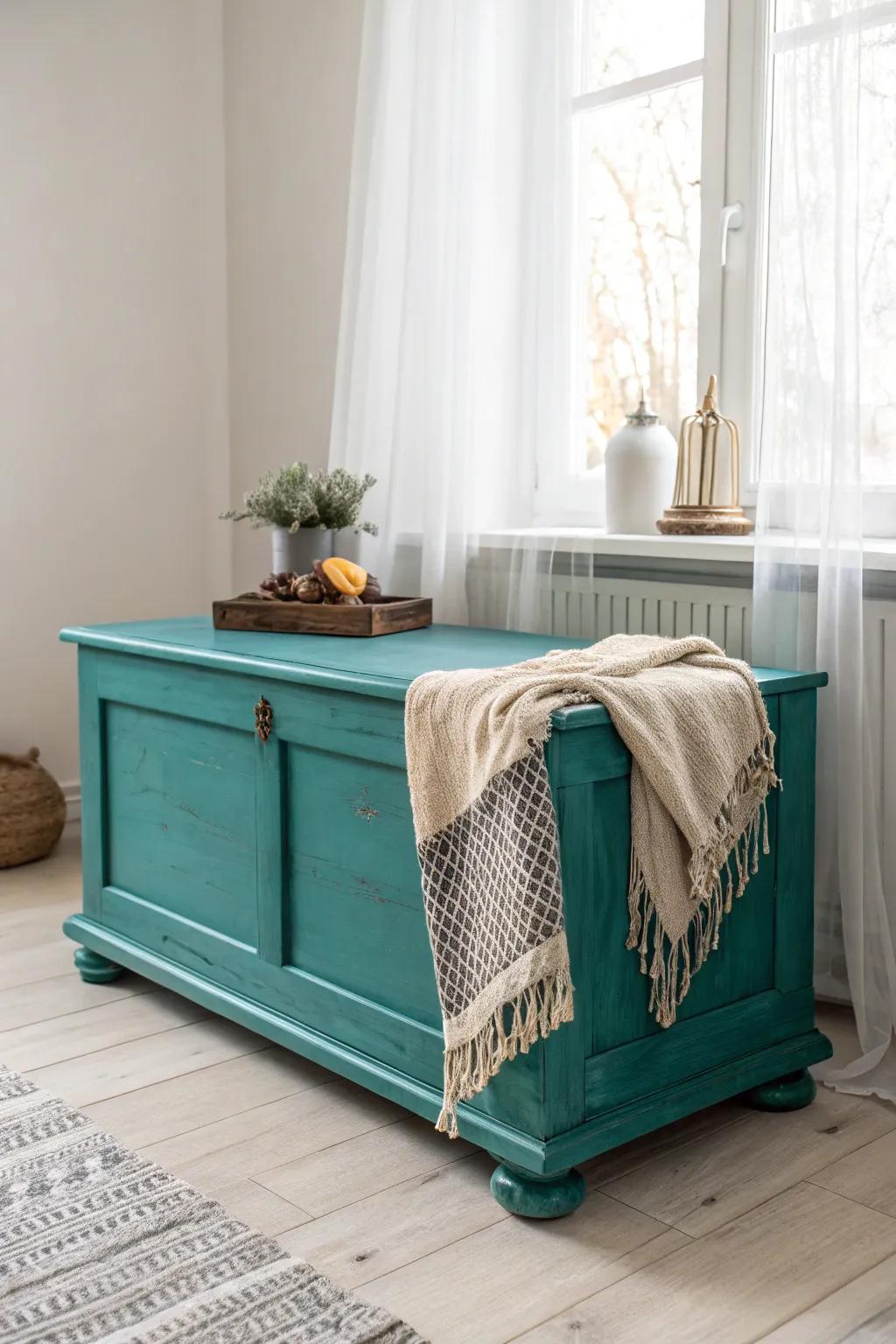 Revamp your space with a vibrant color splash—this teal cedar chest is a total showstopper!