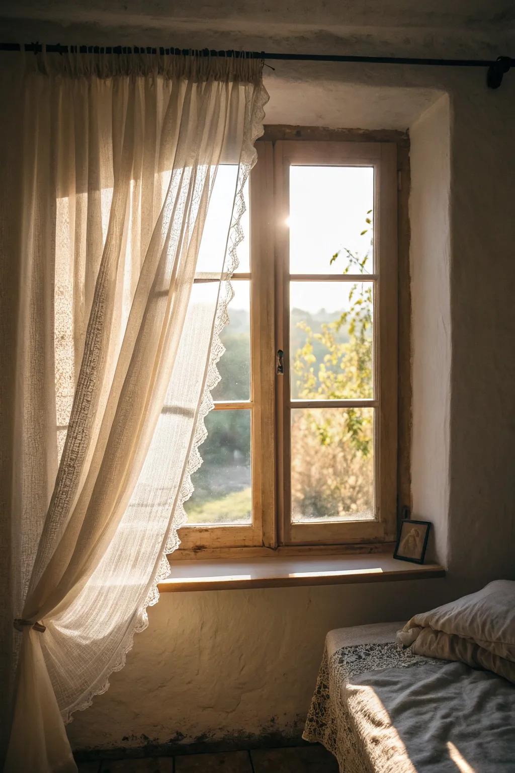See-through curtains softly scatter sunlight, producing a welcoming radiance in your bedroom.