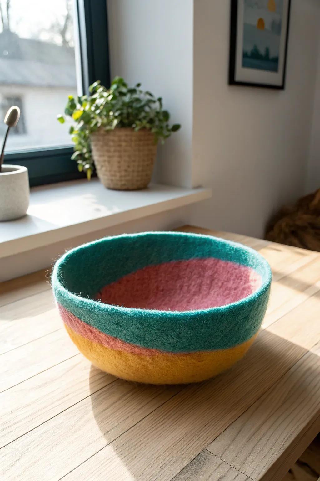 Infuse your living area with a dash of color and irresistible charm with this wonderfully handcrafted felted bowl, perfect for both minimalist and Boho-inspired spaces.