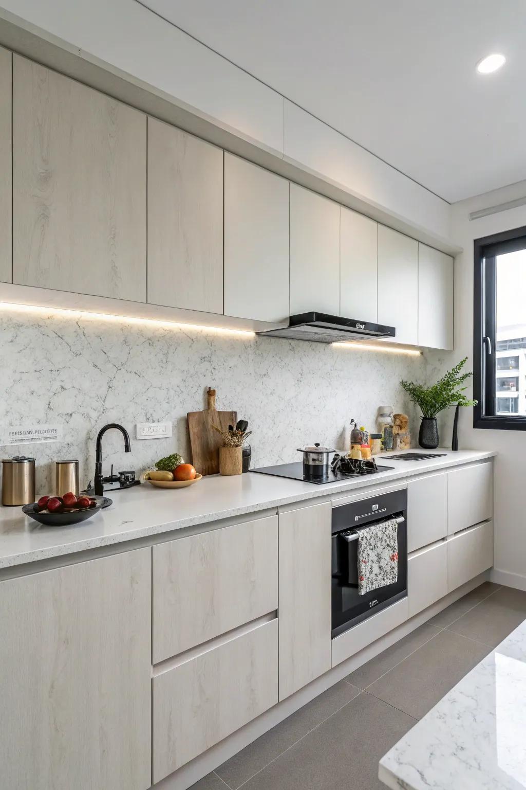 Solid color quartz maintains the kitchen design's sleek and simple appearance.