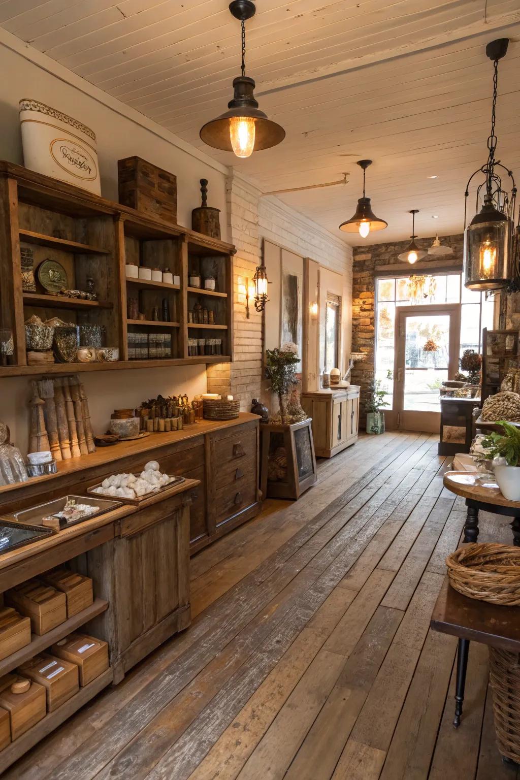 Upcycled timber decking contributes ageless character to this rustic boutique.