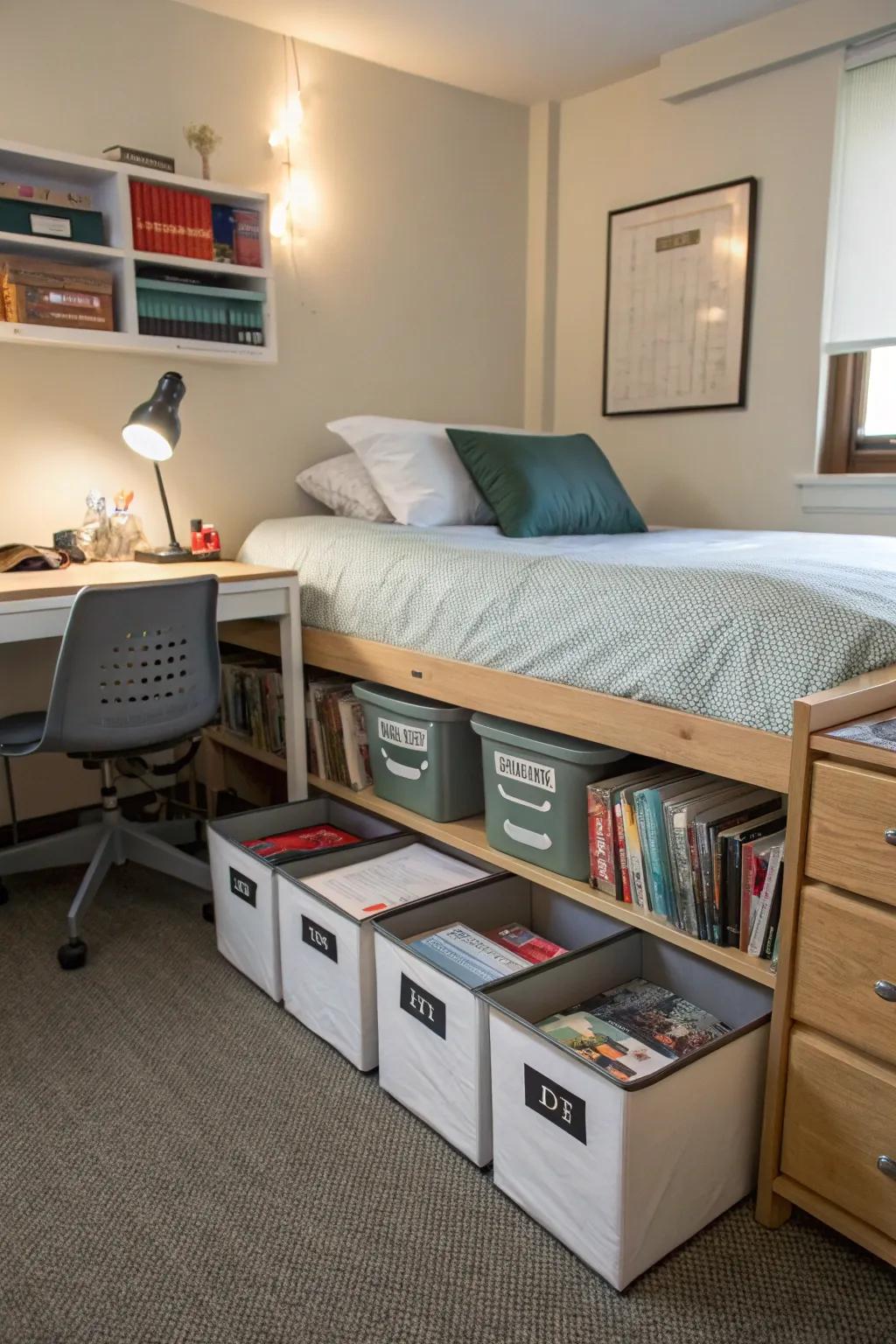 Under-bed bins prevent closet overflow.