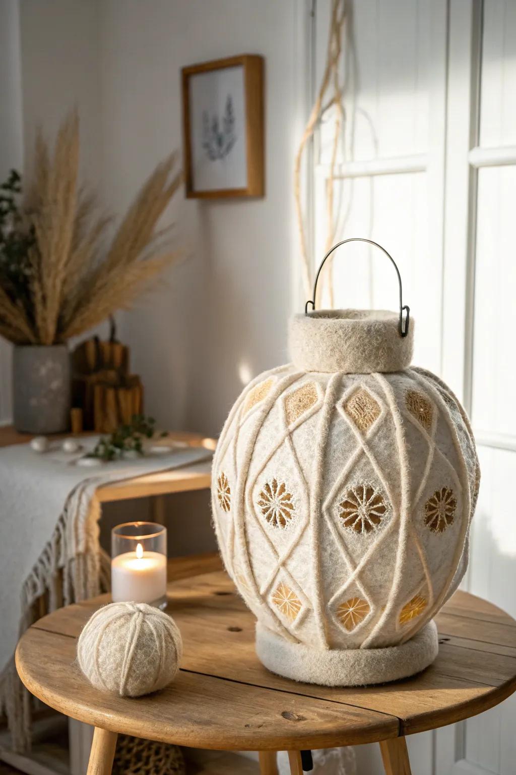 Light up your space with the serene charm of a felted lantern, where artistry meets minimalist beauty.