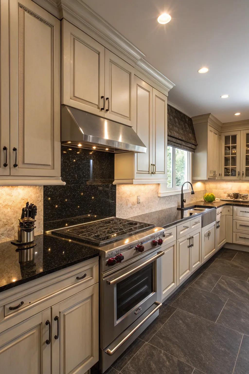 A deep-toned quartz guard contributes drama and sophistication to the space.