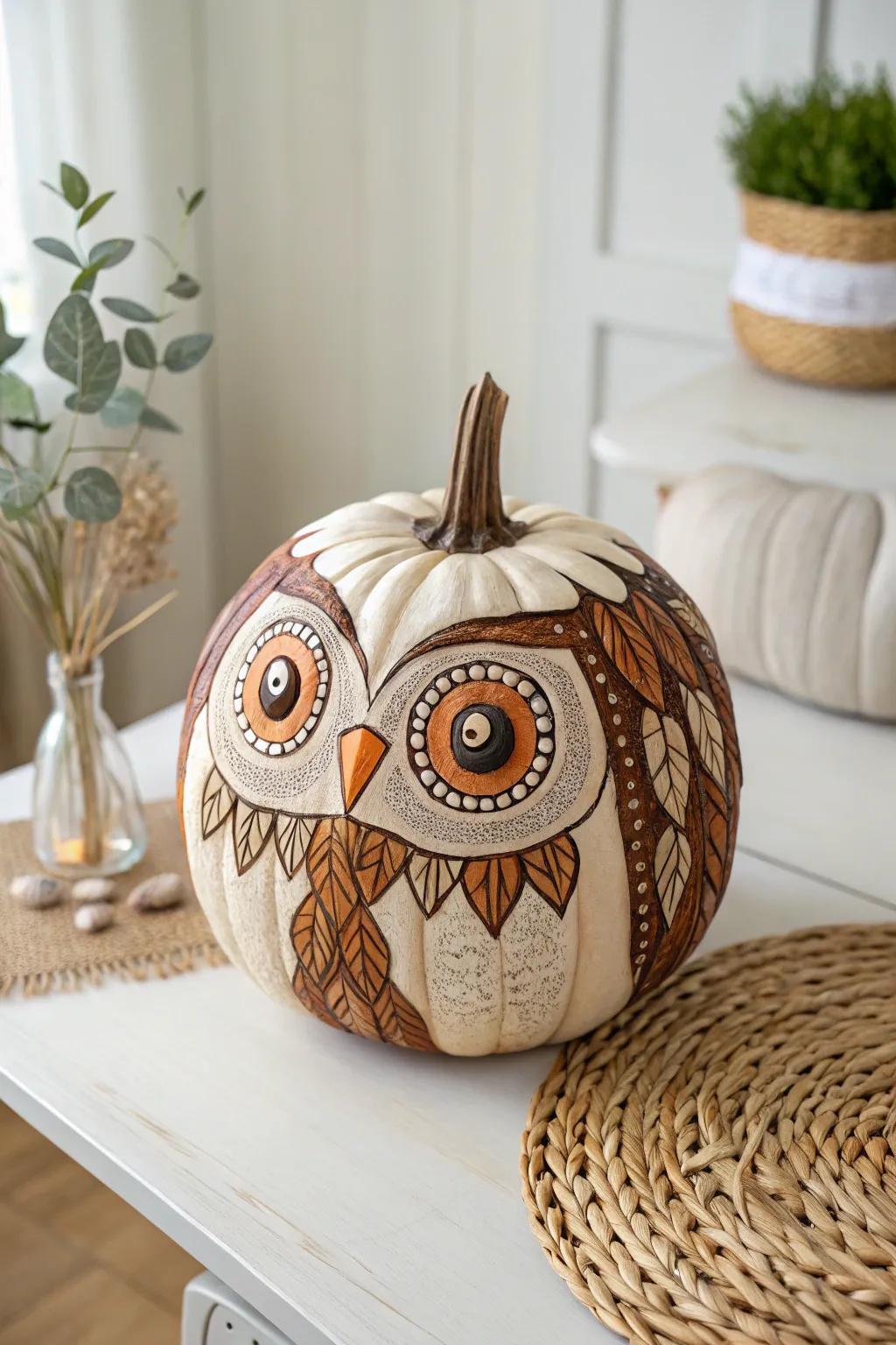 Show your art with this lovely owl gourd design, mixing simple beauty with bohemian warmth. Ideal for a cozy autumn touch!