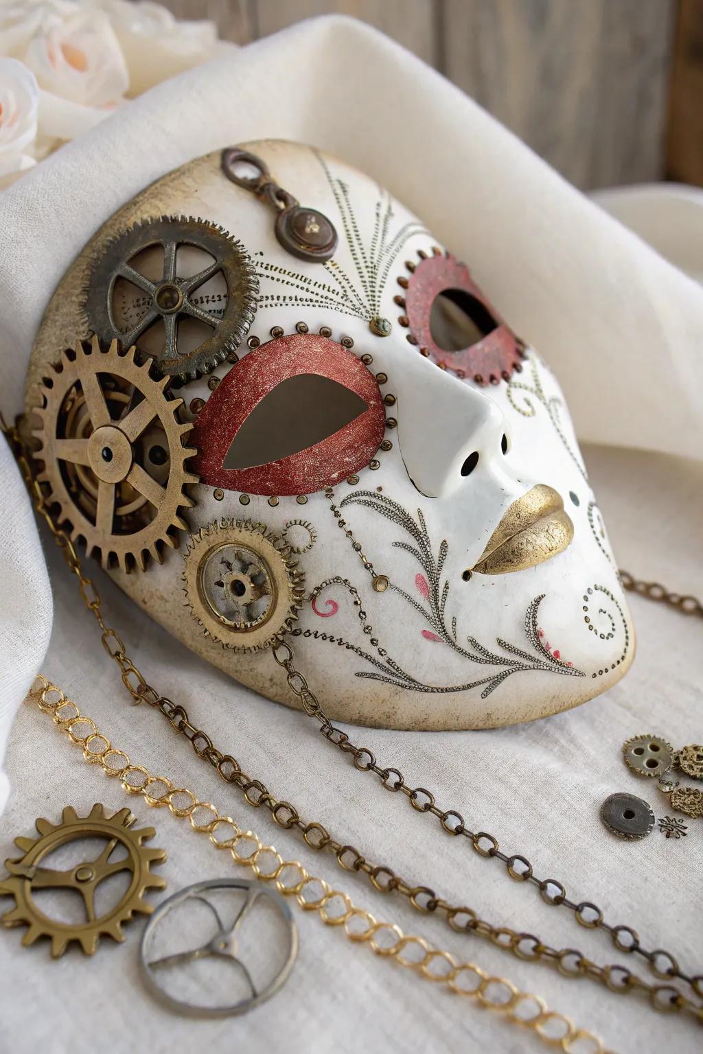 Experience the allure of steampunk fantasy with a mask that beautifully combines intricate craftsmanship and bold elegance.