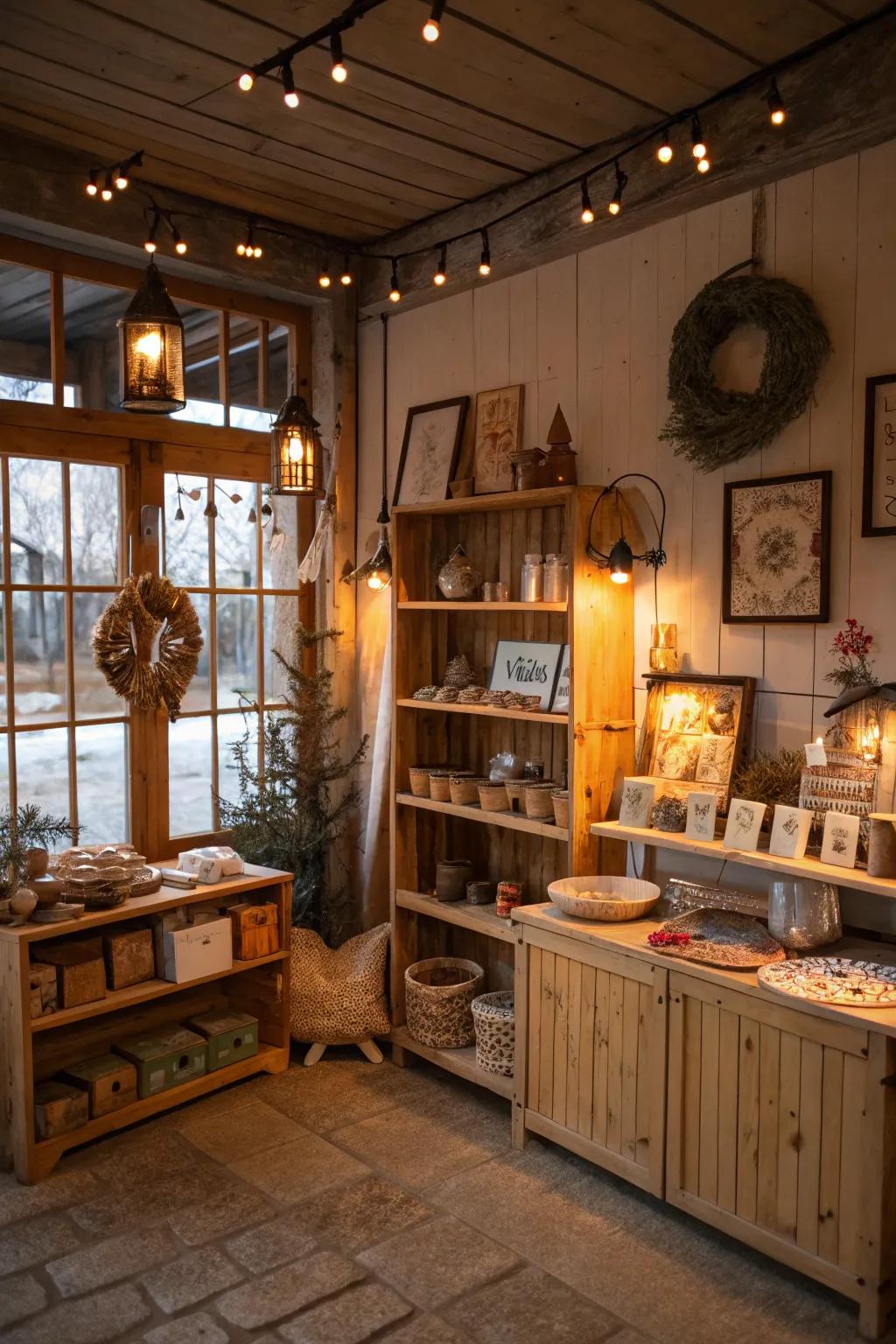 Hand-formed ornamentation pieces contribute warmth and genuineness to this rustic boutique.