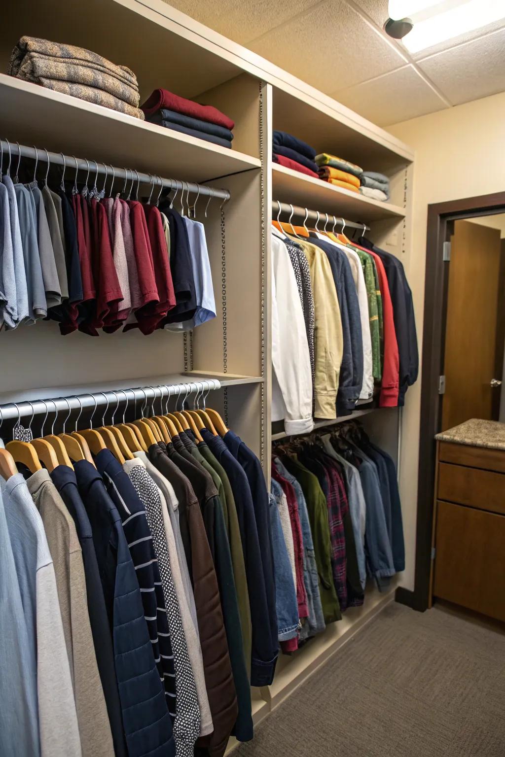 Velvet hangers save space while keeping clothes in place.