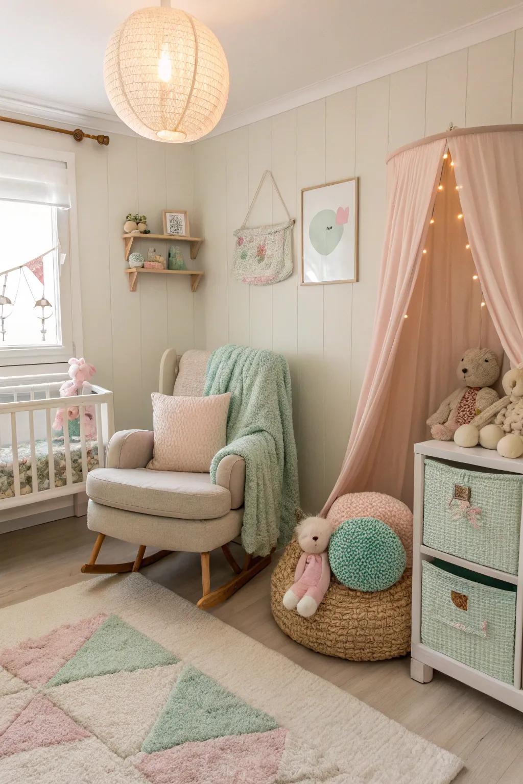 A calming color story enhances the nursery's tranquility.