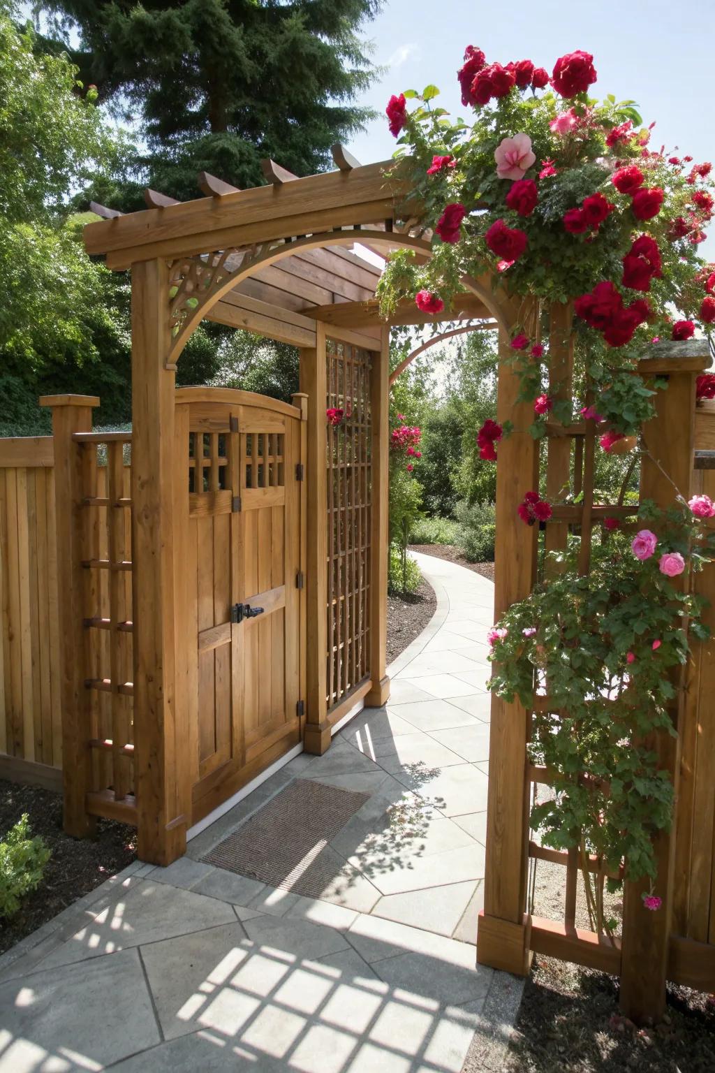 Elevate your dog area with an elegant gateway adorned with climbing roses, combining artistry with nature's beauty.