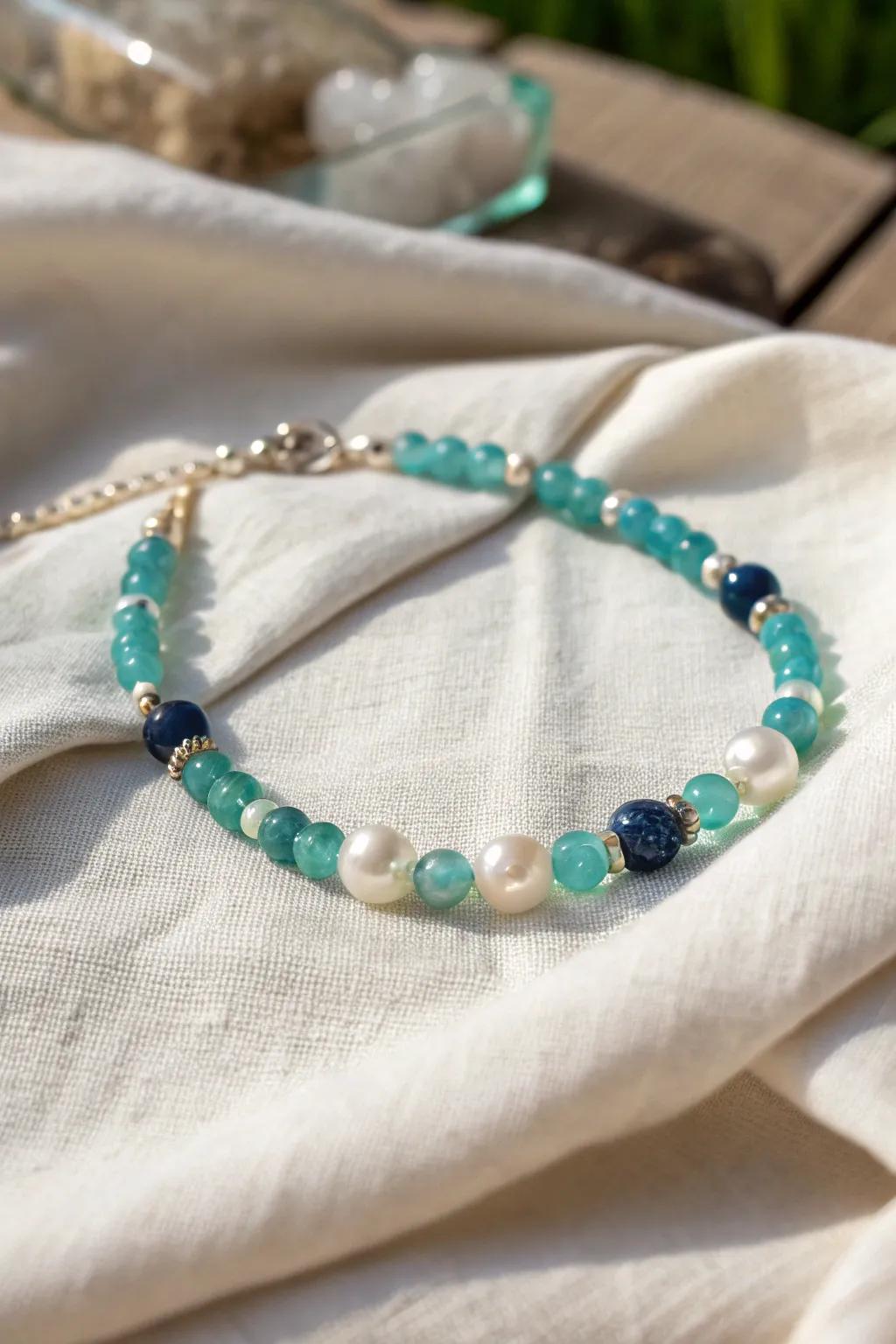 Plunge into elegance with this Seafarer's Gem bracelet, an impeccable amalgamation of oceanic shades and pearl highlights.