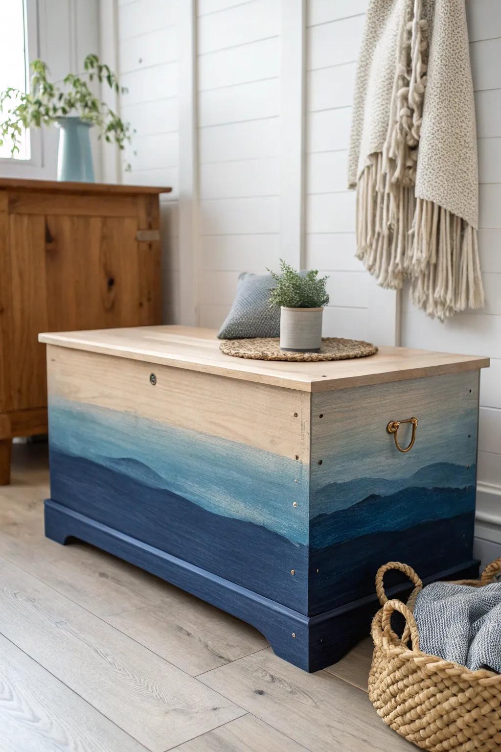 Transform your space with a relaxing ombre fade: from deep navy to sky blue, this cedar chest is a work of minimalist perfection.