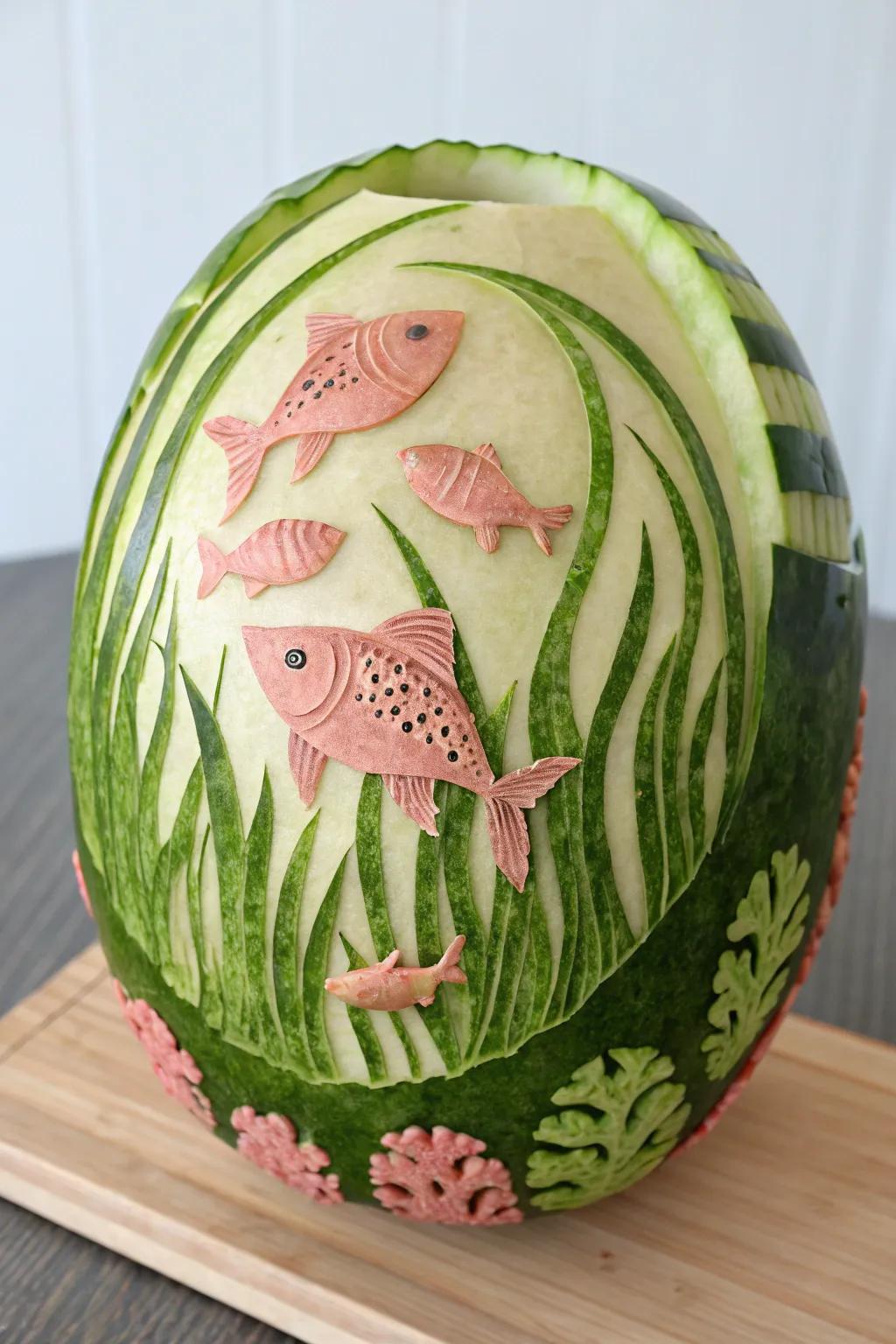 Dive into the art of tropical delight sculpting with this enchanting underwater scene, perfect for adding a splash of creativity to your dinner party.
