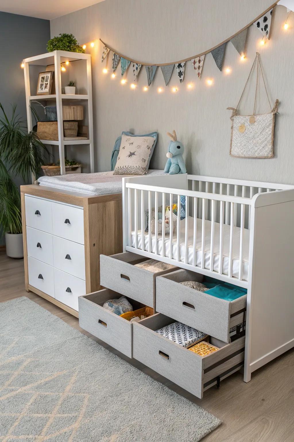 Inventive storage options maintain a neat nursery.