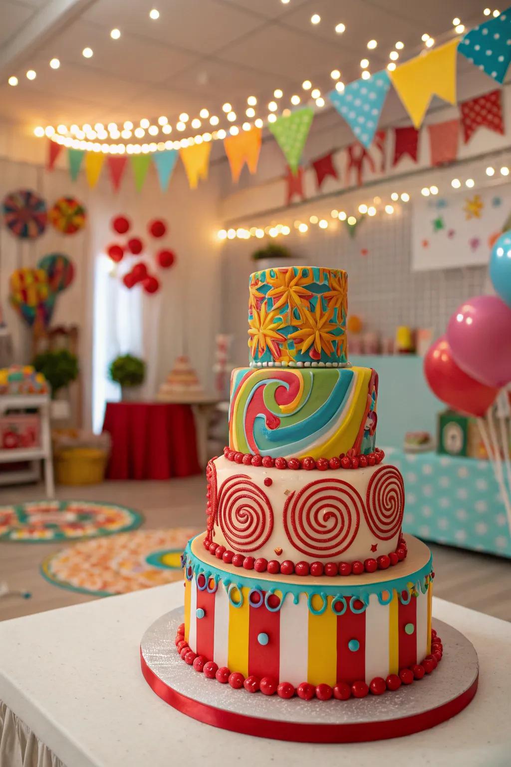 A parade cake that bursts with color and energy.