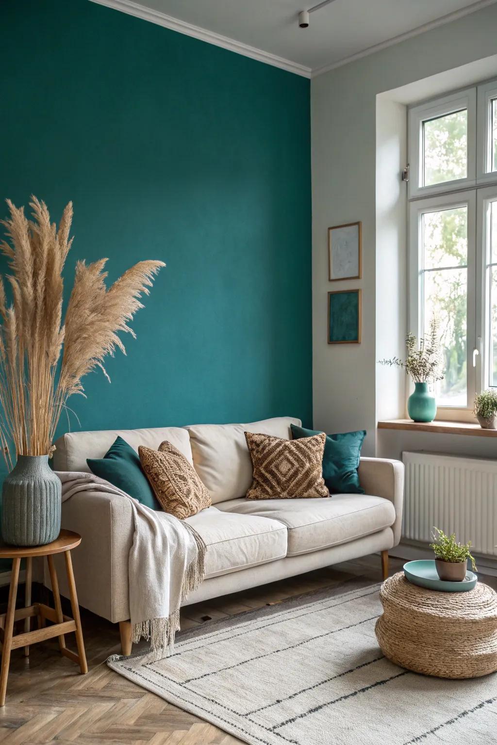 Change your space with a striking deep teal highlight wall that breathes life and vibrancy into your simple living room decor.