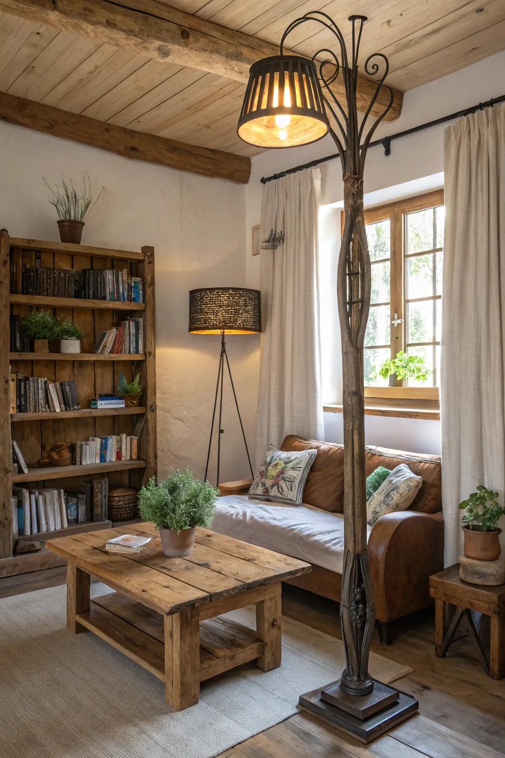 Feel the warmth of a country escape with a floor lamp that goes well with natural wood elements.