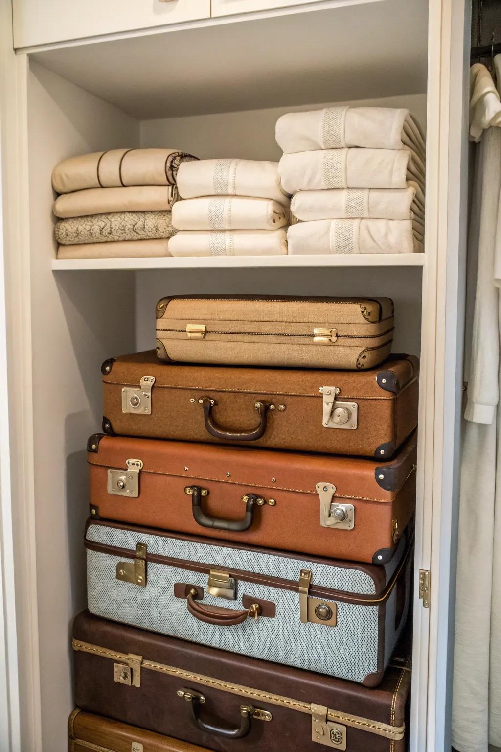 Employ linen closet space for subtle suitcase storage.