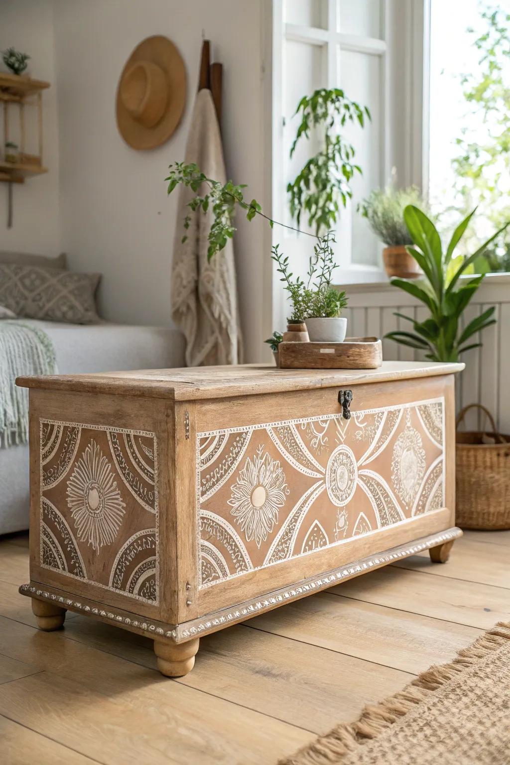 Transform your space with eco-chic elegance: a cedar chest makeover with a boho twist.