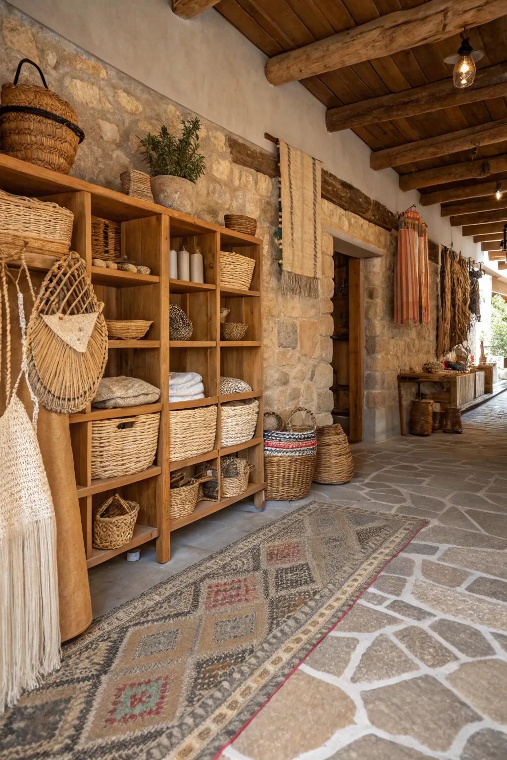Natural textures contribute depth and warmth to this rustic boutique.