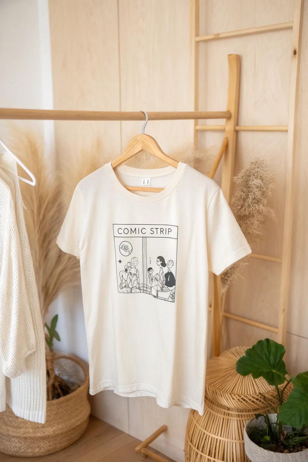 Add a playful narrative to your style with minimalist panel art shirts. 🌿 #ScandinavianBoho #ComicChic