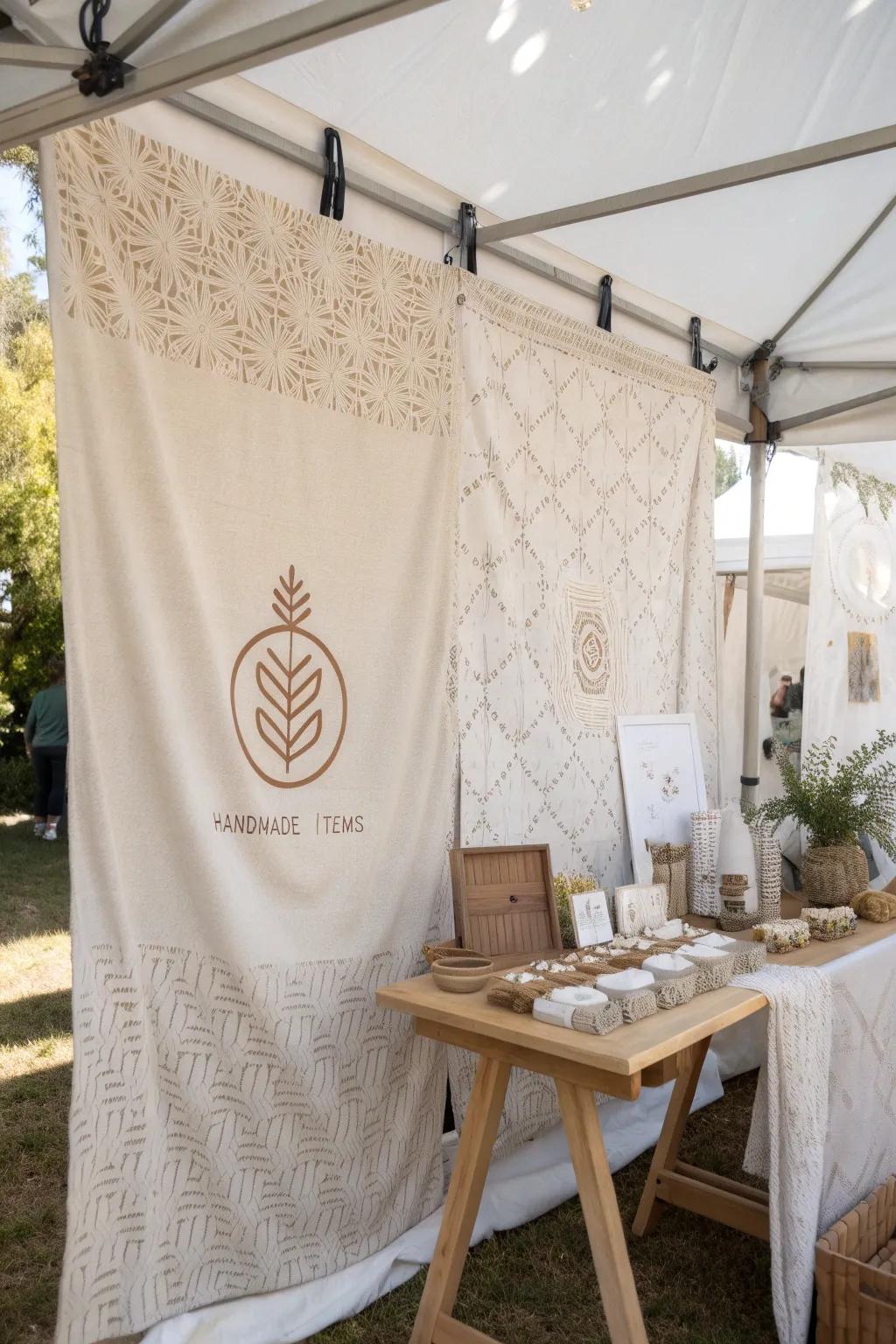 Elevate your craft booth with a <strong><em>stunning fabric backdrop</em></strong> for a standout display.” loading=”lazy” class=”pimg”>
	</picture><figcaption>Elevate your craft booth with a <strong><em>stunning fabric backdrop</em></strong> for a standout display.</figcaption></figure>
<p>Using a backdrop can really make your booth stand out. I once used a fabric panel with my logo, and it helped my space get noticed.</p>
<h3>May just do the trick:</h3>
<ul class=