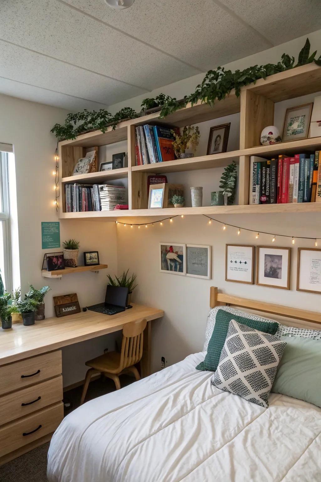 Over-bed shelving is great for books and decor.