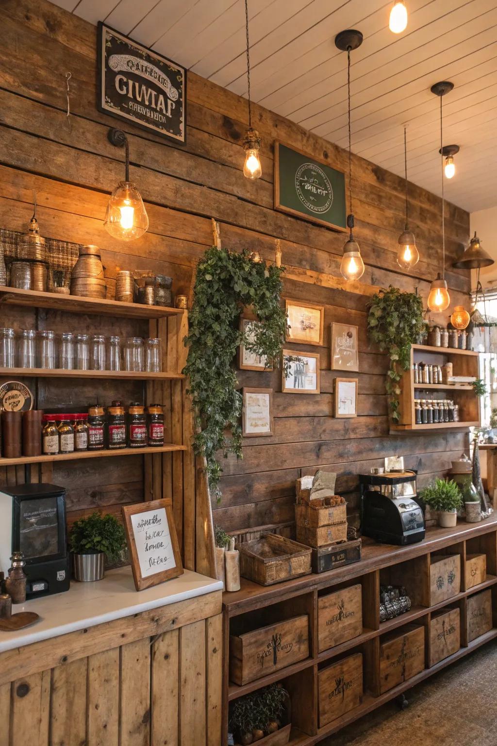 A reclaimed lumber feature partition contributes dramatic fascination to this rustic boutique.