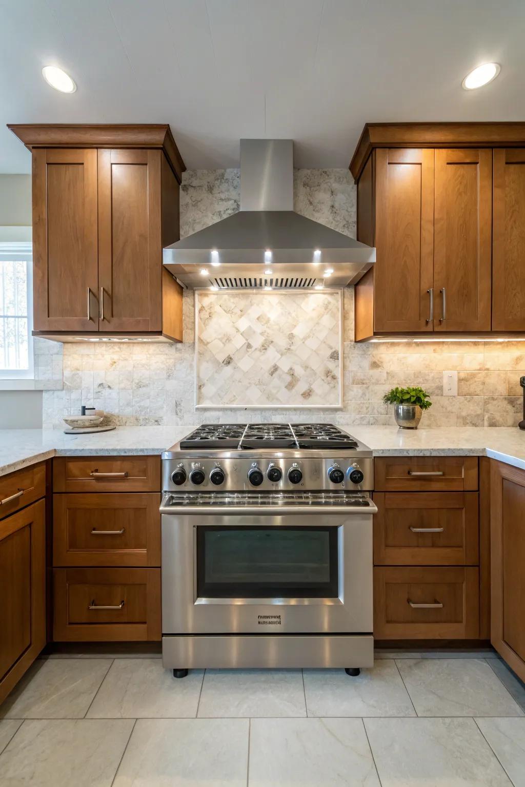 A vibrant quartz guard makes the stove area a striking centerpiece.
