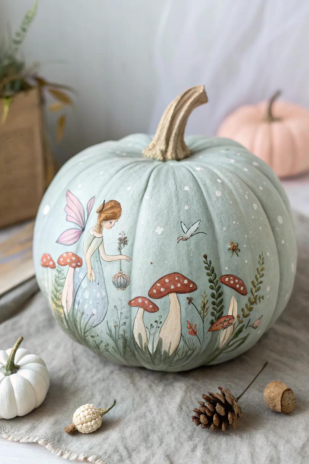 Turn your gourd into a forest, where fairies and mushrooms play.