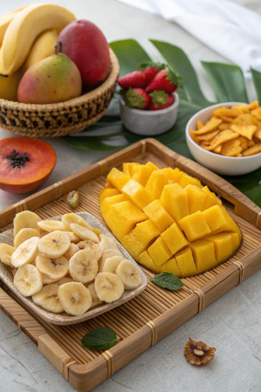 Dehydrated fruits add texture and a unique flavor to this tropical arrangement.