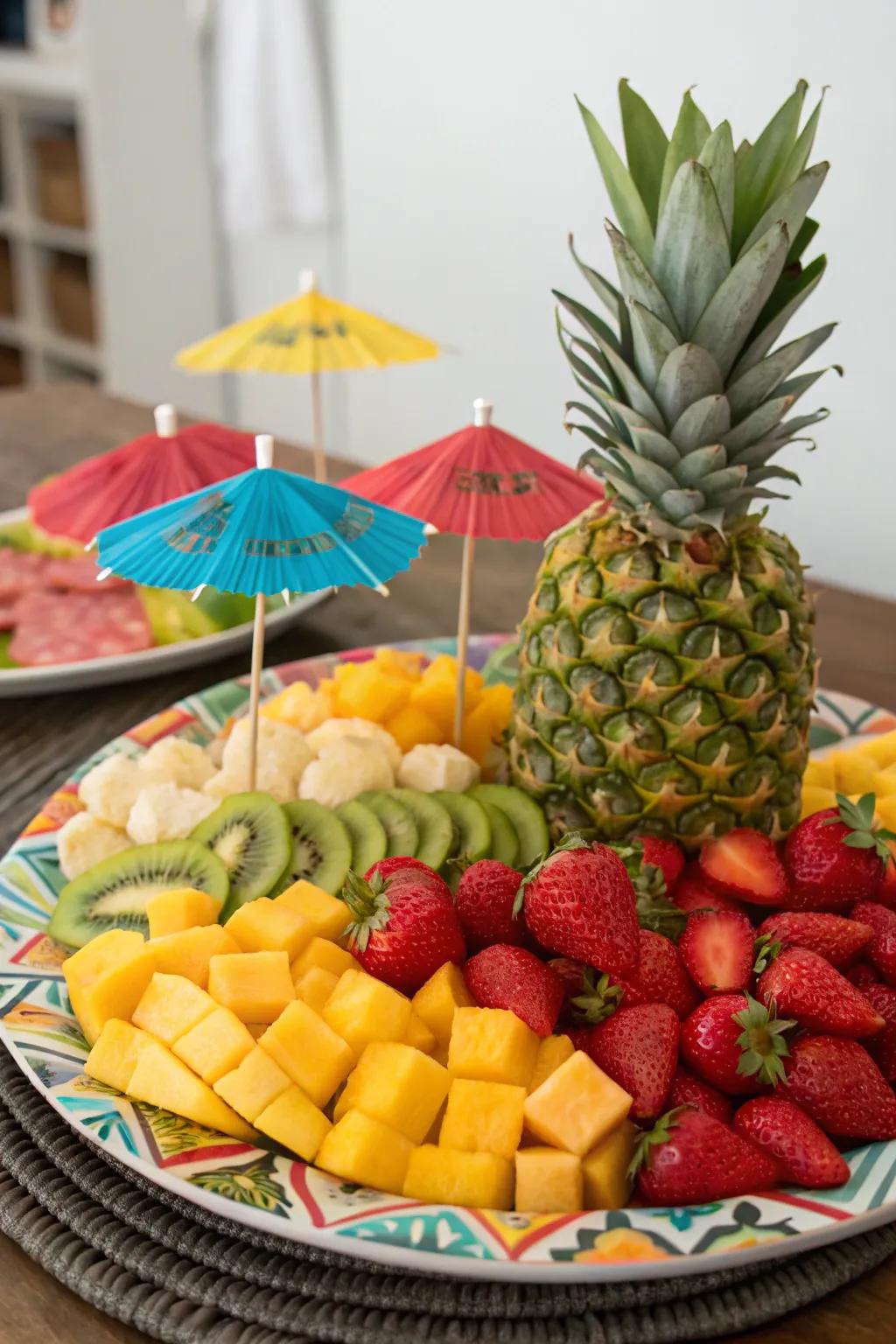 Playful embellishments add a playful touch to this vibrant fruit display.