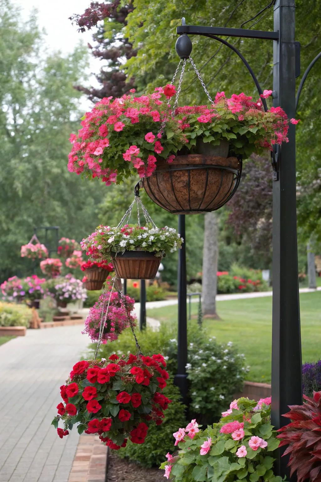 Hanging containers at different elevations create a dynamic and engaging display.