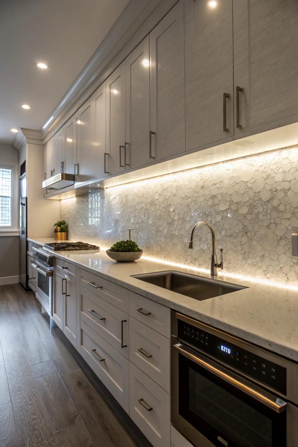 Inviting undercounter lighting elevates the intrinsic allure of the quartz guard.
