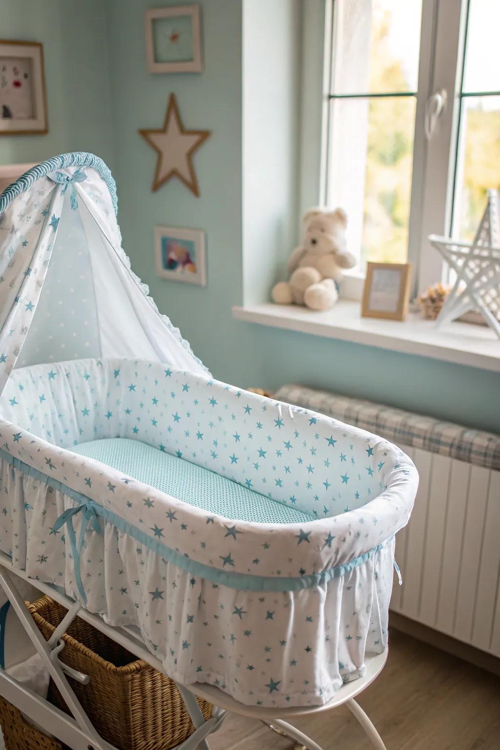 Quirky constellation-patterned bedding for a snug bassinet.
