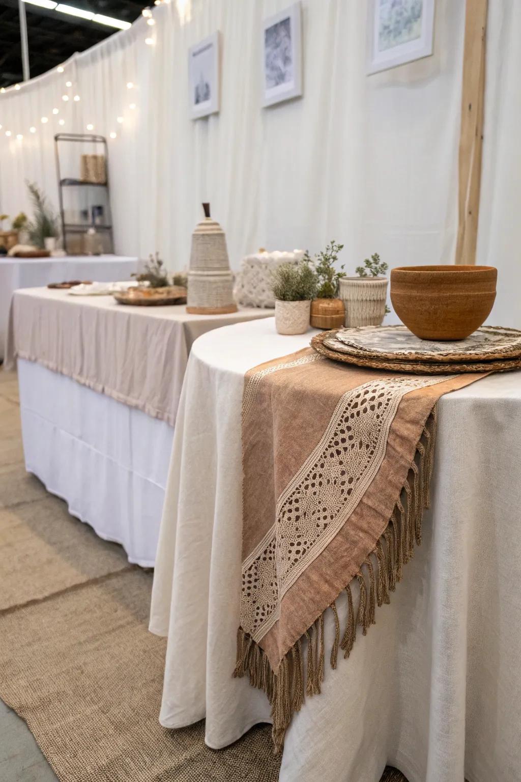 Spruce up your craft fair setup using the art of <strong><em>layered table linens</em></strong> for a stylish and tidy presentation.” loading=”lazy” class=”pimg”>
	</picture><figcaption>Spruce up your craft fair setup using the art of <strong><em>layered table linens</em></strong> for a stylish and tidy presentation.</figcaption></figure>
<p>Dressing up my tables with attractive fabrics is my go-to secret for hiding clutter and creating a polished appearance. Consider starting with a basic neutral shade and then layering a bright, colorful cloth on top!</p>
<h3>Useful items to consider:</h3>
<ul class=