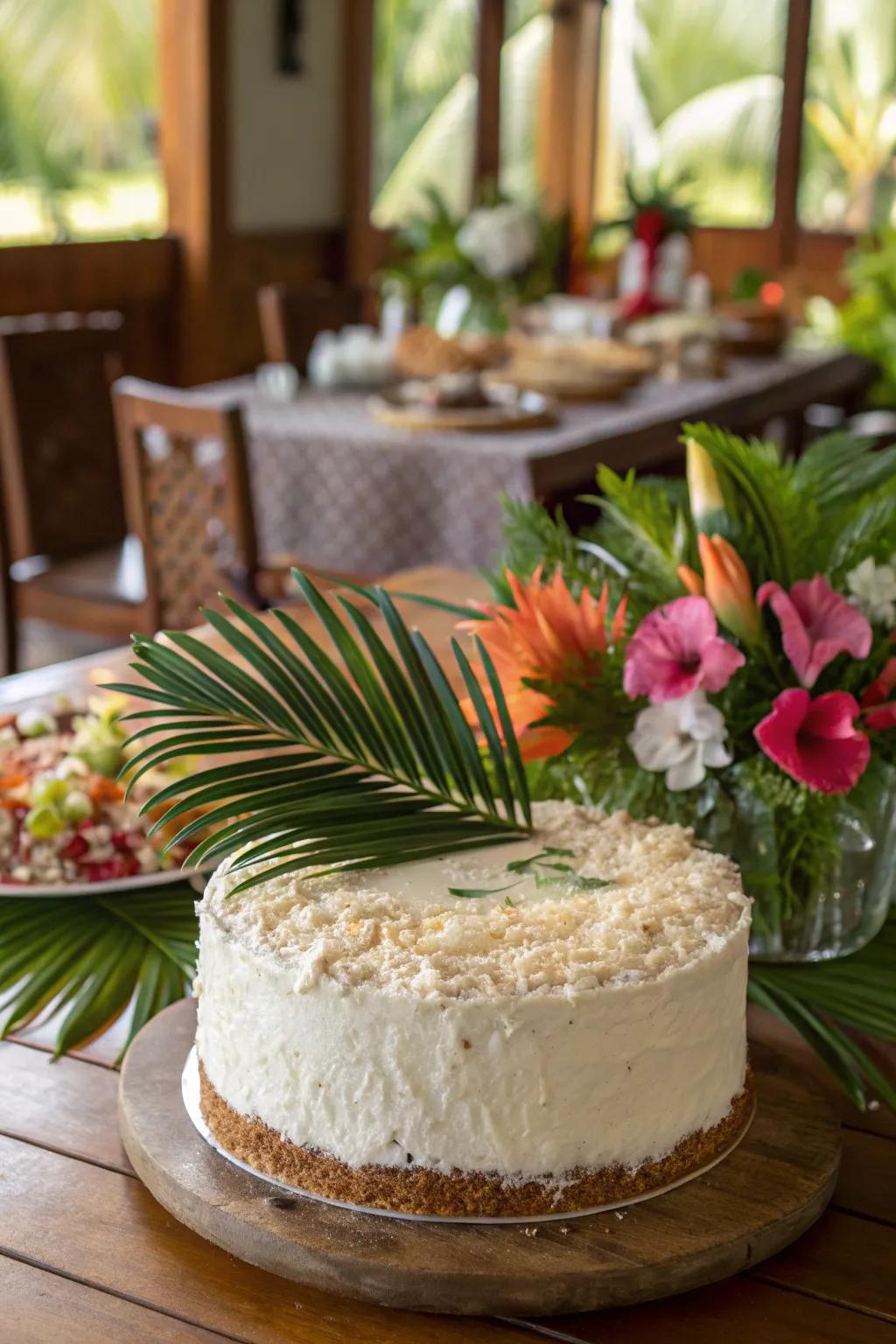 A Caribbean nut cake with beautiful frond decorations.