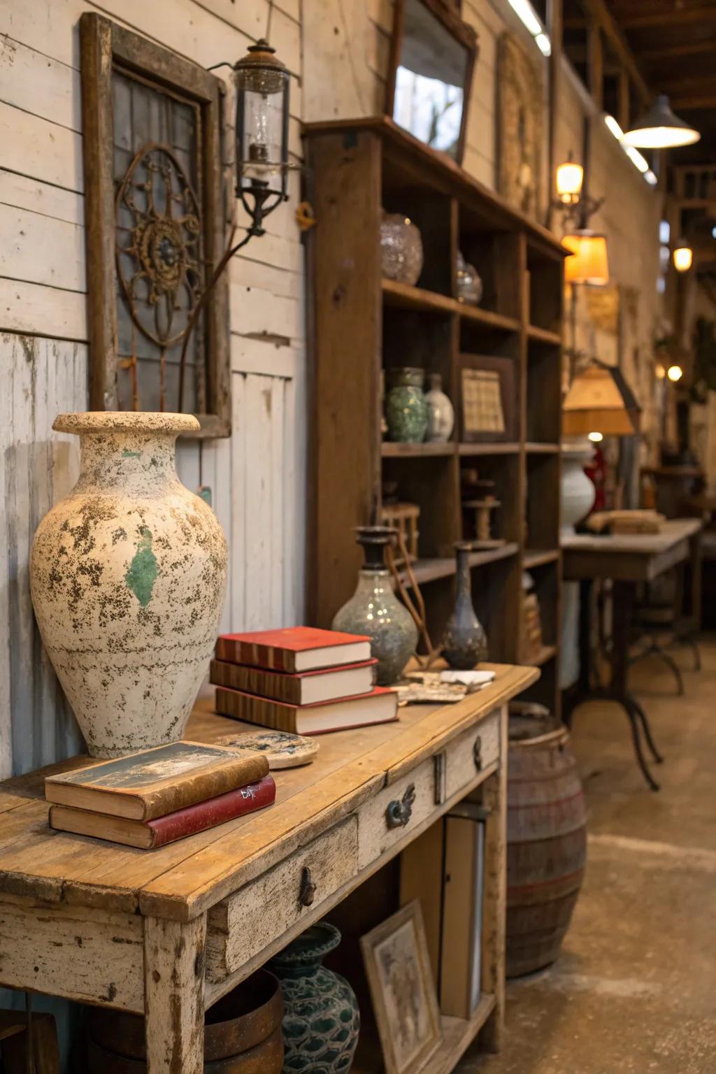 An alluring corner of a rustic boutique showcasing retrospective and timeworn aspects.
