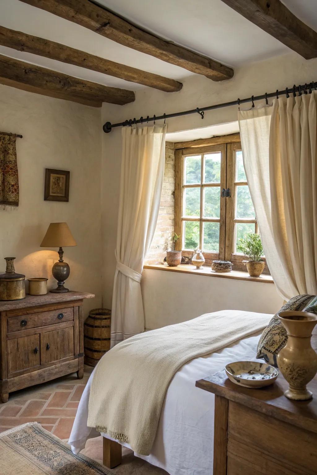 Woven material curtains introduce a hint of rustic sophistication and texture to any bedroom setting.