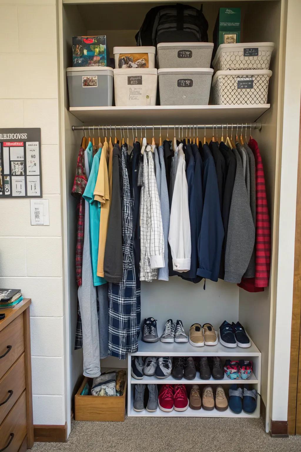 Use height to your advantage with vertical hangers for both apparel and footwear.