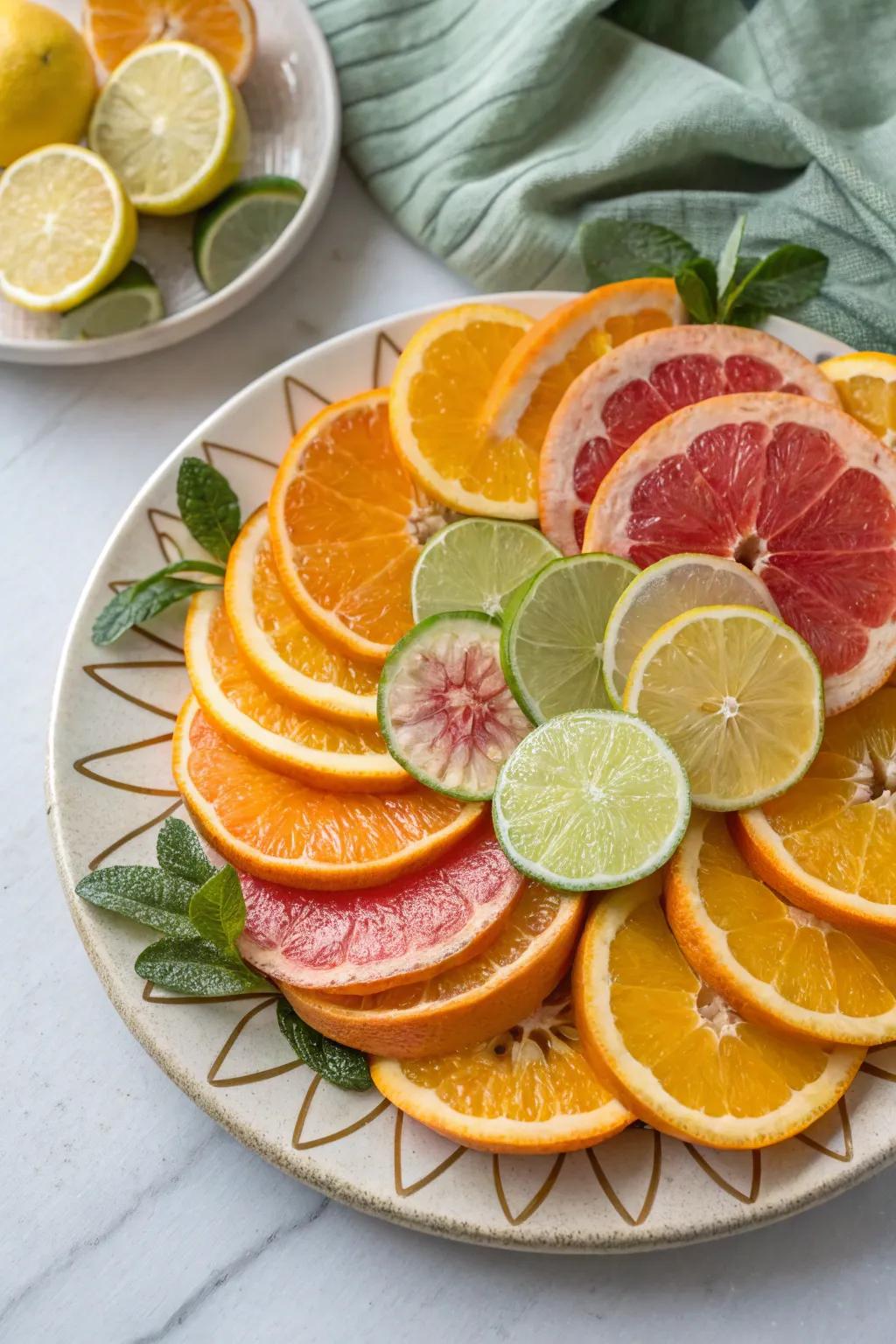 Citrus slices, arranged like a radiant sunburst, bring a bright and refreshing touch.
