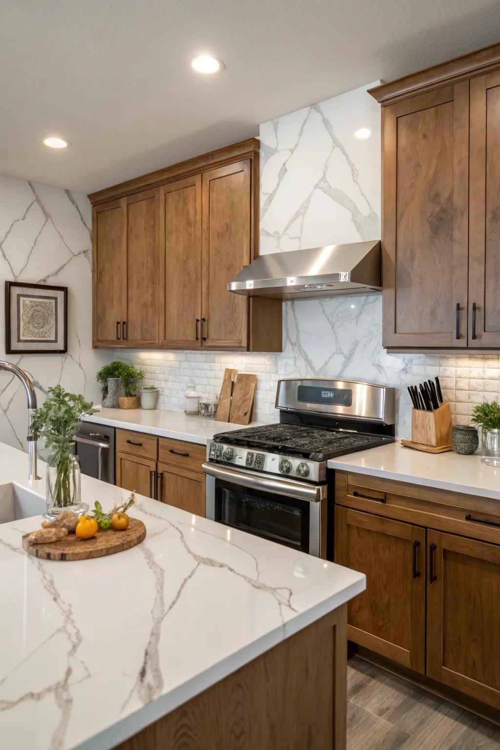 Marble-effect quartz delivers a hint of opulence paired with straightforward upkeep.
