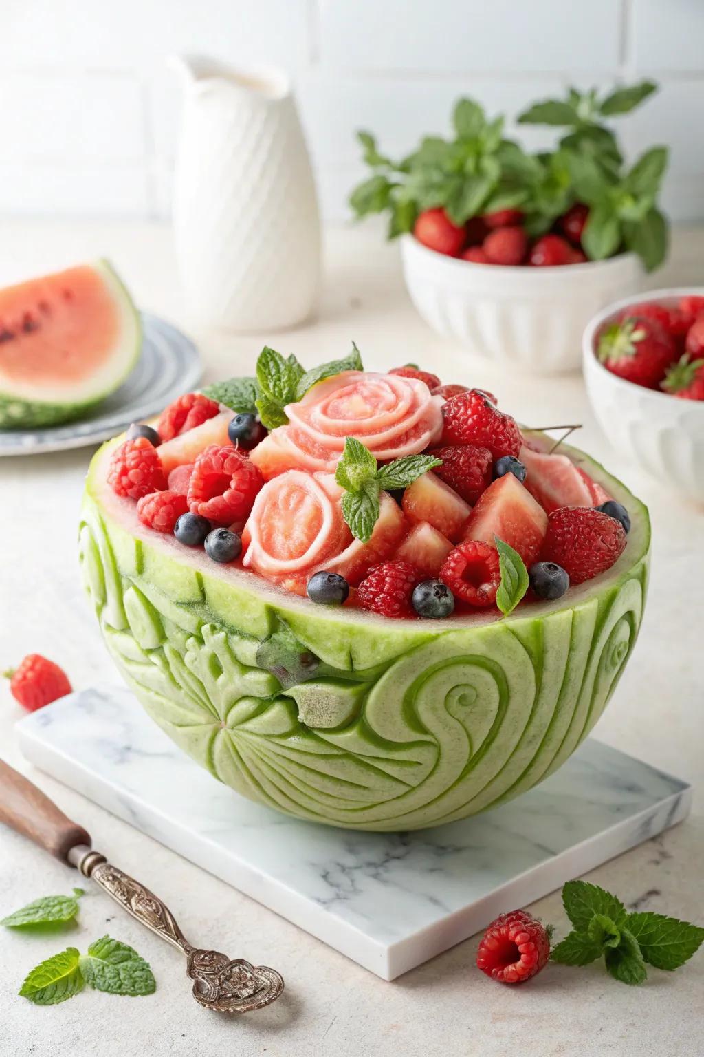 Elevate your fruit salad with this artistic tropical delight bowl—where simplicity meets organic charm.