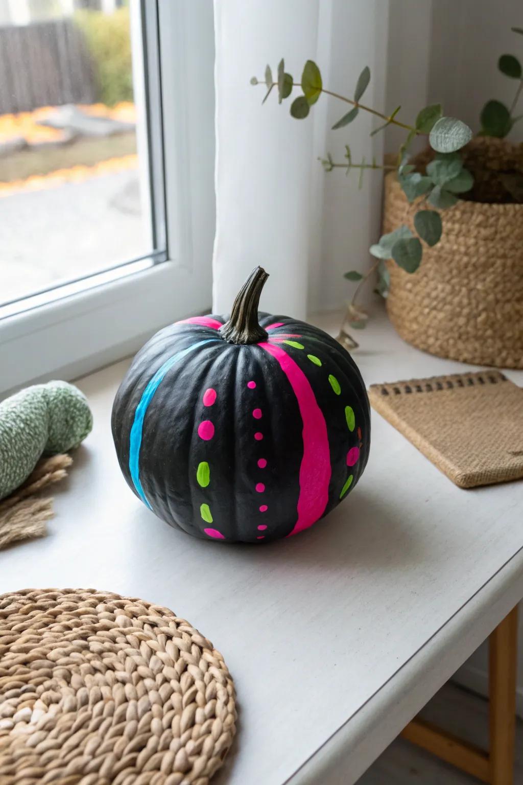 Stand out with radiant colors: Transform your autumn decorations with neon contrasts on a textured gourd.