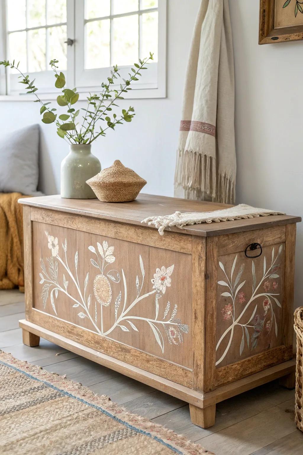 Elevate your space with a delightful stenciled cedar chest—where artistry meets simplicity.